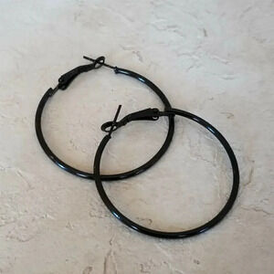 Classic Black Hoop Earrings 40mm 1.6" Leverback Minimalist